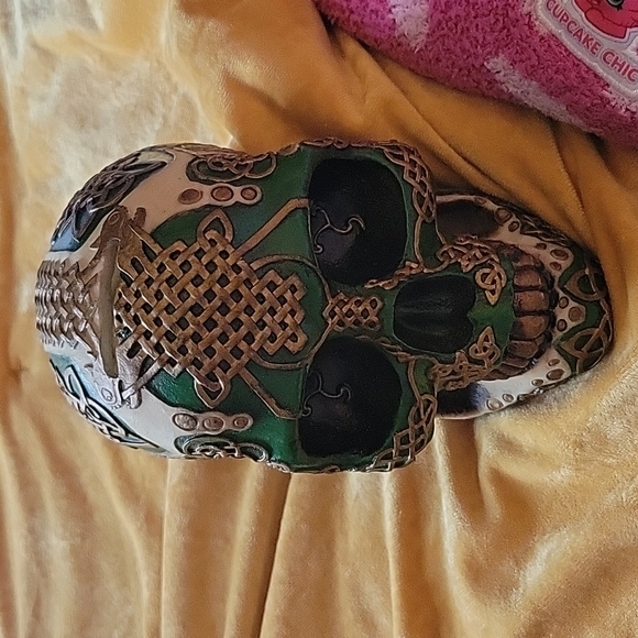 Carved Ceramic Skull with Celtic Designs - Picture 3 of 5